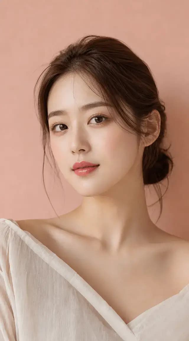 A beautiful Chinese girl with brown hair in a low bun and light makeup, big eyes, peach pink background wall, half-length photo shows her portrait in natural lighting with soft tones, close-up of her face with light blush on her cheeks, glossy lips, and delicate skin texture, natural expression with soft shadows