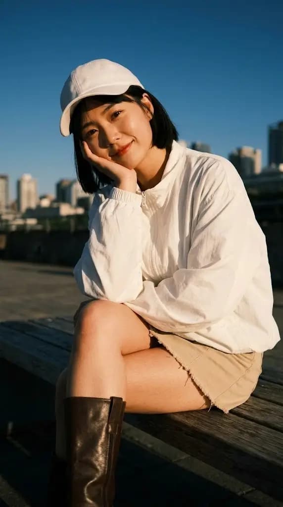 A young East Asian woman with a short black bob, soft natural makeup, bright direct eye contact, and a gentle closed-lip smile, sitting sideways on a wooden bench with one knee raised, torso leaning slightly toward the camera, head tilted more noticeably toward the supporting hand, cheek softly resting into the palm, creating a sweeter and more intimate pose. Wearing: Based on user-uploaded clothing reference, including a white baseball cap, a lightweight oversized white zip-up windbreaker, a short beige frayed mini skirt or shorts, and dark brown mid-calf leather boots. Shot as a vertical medium close-up portrait with a 24-28mm lens, camera placed closer to the subject, slightly low angle, face and upper body occupying more of the frame, the top of the cap close to the upper edge, one knee still visible in the foreground for depth, relaxed urban skyline and clear blue sky in the background. Direct golden-hour sunlight from camera-right/front-right, warm side light across the face, jacket, and legs, deep clean shadows, crisp sunset contrast, clear outdoor evening atmosphere. Fujifilm Nostalgic Negative inspired color grading, warm amber highlights, deep cobalt blue sky, creamy whites, clean natural skin tones, medium-high contrast, subtle fine grain, photorealistic, natural skin texture, no beauty retouch. Negative prompt: on-camera flash look, flat overcast light, inconsistent sunset lighting direction, plastic skin, excessive skin smoothing, broken hands, distorted legs, awkward crop, generic pose, random heavy bokeh, cluttered background, HDR over-processing, extreme orange-teal grading, overexposed whites, anime face, doll-like proportions.