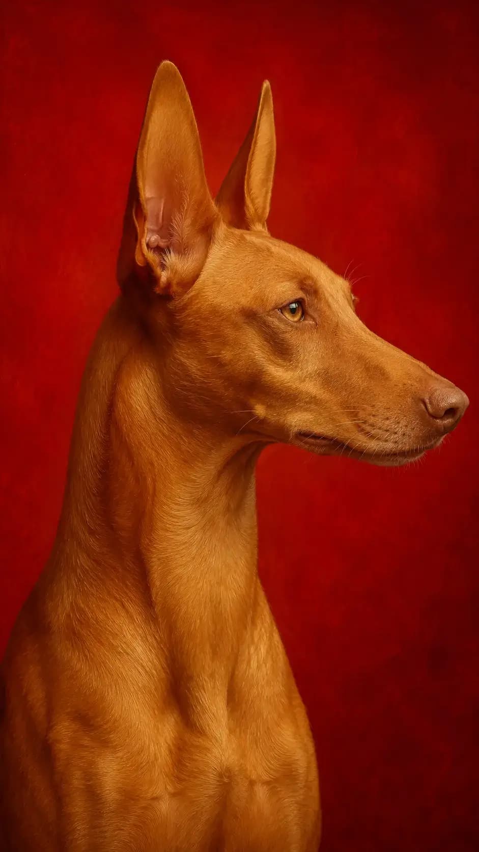 A hyper-realistic digital portrait of a sleek, elegant dog resembling a Pharaoh Hound or Podenco, shown in profile. The dog has short, glossy reddish-gold fur, expressive amber eyes, and large, upright ears. The background is a flat, vivid red, creating a bold contrast with the dog's fur. The lighting is soft but directional, emphasizing the texture of the fur and the contours of the dog's face. The style is reminiscent of classical oil painting with meticulous detail and smooth brushwork, but created with digital tools.