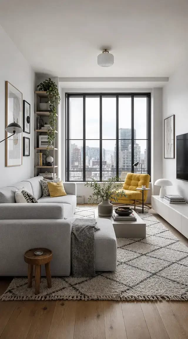 interior design, scandinavian style, scandinavian design, white style, living room, modular furniture with cotton textiles, wooden floor, low ceiling, large steel windows viewing a city, carpet on the floor, minimalism, minimal, clean, tiny style, accent bright color, air, eclectic trends, gray, simple and functional