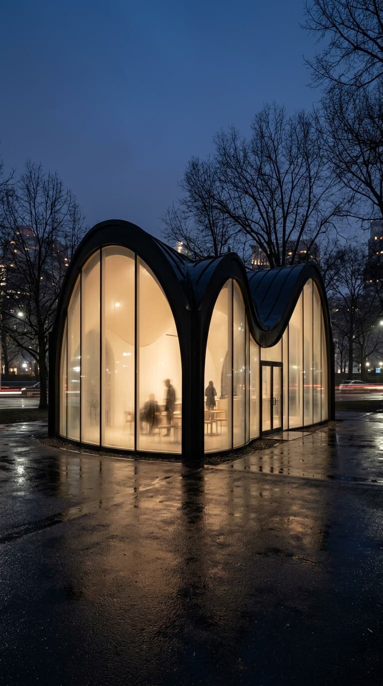 minimalist architecture, contemporary pavilion design, symmetrical curved structure, panoramic view, architectural photography, night scene, Canon EOS R5, f/2.8, long exposure, tripod mounted, illuminated curved glass pavilion, translucent curved glass walls, seamless glass panels, matte black steel frame roof, urban park setting, bare winter trees, wet reflective pavement, twilight atmosphere, misty dramatic evening, warm interior illumination, ambient city lights, condensation on glass surface, silhouettes of people moving inside, ultra-realistic, architectural visualization, rich detail --ar 9:16 --style raw