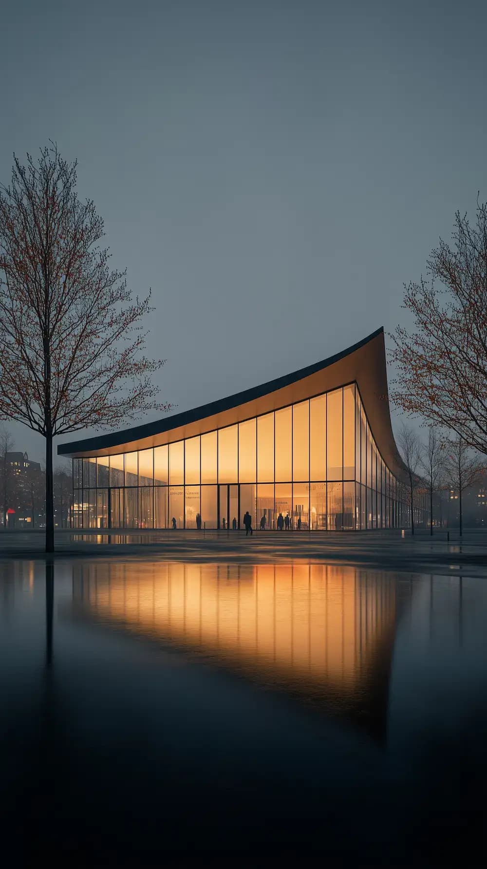 Create a highly detailed, photorealistic architectural visualization of a modern glass pavilion at dusk on a rainy evening. The building is a long, low, contemporary structure with a dramatic sweeping curved roof that rises subtly at one end, forming an elegant asymmetrical silhouette. The façade is made almost entirely of tall floor-to-ceiling glass panels divided by thin black metal mullions in a clean grid. The interior glows warmly with amber-gold lighting, contrasting against the cool blue-gray overcast sky. The scene is set in an open urban plaza after rainfall. The pavement is wet and mirror-like, producing a large soft reflection of the glowing building and roofline across the foreground. Several small human silhouettes are visible inside and near the entrance, adding scale. Bare deciduous trees frame the composition on the left and right edges, their fine branches dark and delicate against the misty sky. In the distant background, faint city buildings and scattered warm window lights are partially obscured by haze. Use a cinematic vertical composition, wide-angle architectural perspective, centered on the pavilion with generous negative space in the sky above. The atmosphere should feel quiet, moody, refined, and slightly foggy, with soft rain ambience, subtle reflections, and realistic global illumination. Emphasize the contrast between the cold exterior environment and the warm luminous interior. Style: ultra-realistic architectural render, high-end museum or cultural center design, minimalist modernism, glass and steel, warm interior glow, blue-hour lighting, wet reflective ground, misty urban park setting, cinematic mood, crisp architectural lines, volumetric haze, high detail, 8k, professional visualization, realistic materials, no text, no logos.