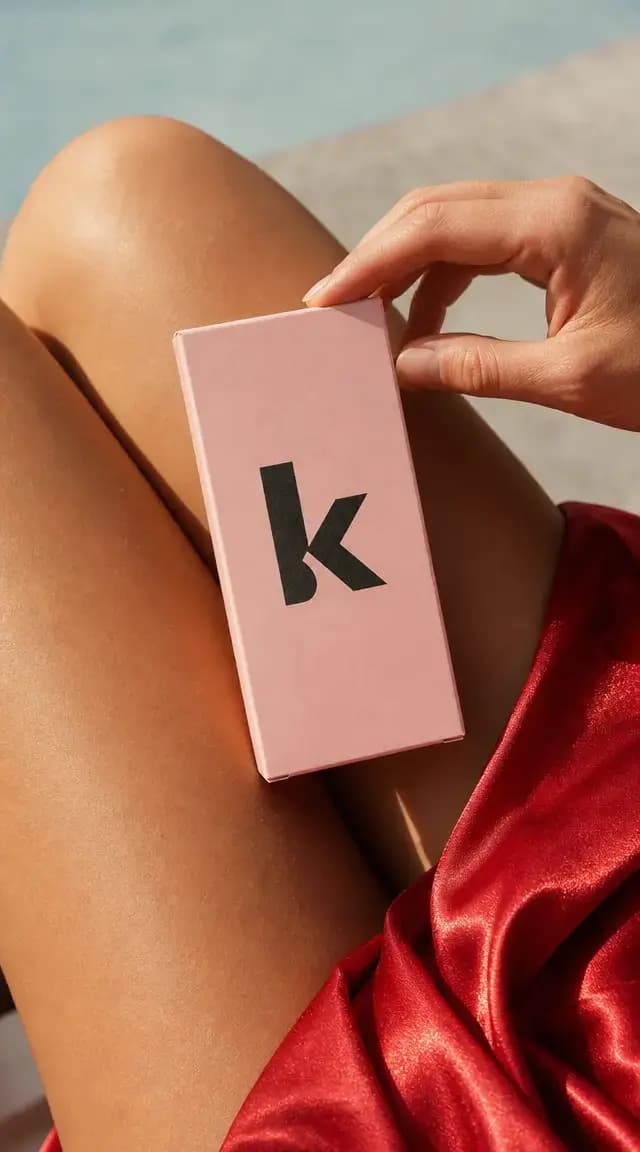 Create a highly detailed, sunlit lifestyle product photograph in a warm editorial beauty/fashion style. The image shows a close-up of a person seated with bare legs in soft natural light, holding a small rectangular pastel pink product box against the upper thigh. The box is matte or satin-finished, with crisp folded edges and subtle paper texture. On the front of the box is a bold black abstract logo resembling a stylized lowercase “k” or geometric monogram, centered and printed flat with slightly textured ink. A slender hand enters from the right side, gently pinching the top edge of the box with relaxed fingers. Fingernails are natural and short, with soft highlights on the skin. The person’s legs form a warm tan background, softly out of focus in places, with natural skin texture and realistic shadows. At the lower right, include glossy red satin or silk fabric draped across the body, catching bright highlights and folds, adding a strong contrast to the pale pink box and warm skin tones. The lighting should feel like golden-hour sunlight, directional from the upper left, creating warm highlights, soft shadows, and a slightly summery glow. The background should be minimal and softly blurred, with a pale blue-gray tone suggesting sky, poolside, or a bright outdoor setting. Use shallow depth of field and a close cropped composition. Composition: vertical portrait orientation, intimate close-up framing, the pink box centered slightly left of frame, hand at upper right, red satin fabric at lower right, bare legs filling the background with elegant diagonal lines. Style: photorealistic high-end product photography, editorial fashion campaign, luxury beauty packaging, warm natural sunlight, soft skin texture, realistic paper box material, glossy satin fabric, shallow depth of field, crisp focus on the box and hand, no extra text, no watermark, no additional objects.