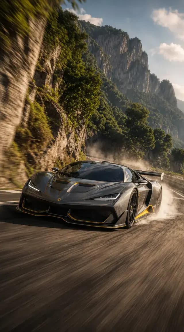 supercar in a high-speed race on a winding mountain road, surrounded by lush greenery and dramatic cliffs, dust and tire smoke trailing behind the car, with a dynamic motion blur effect capturing its incredible speed